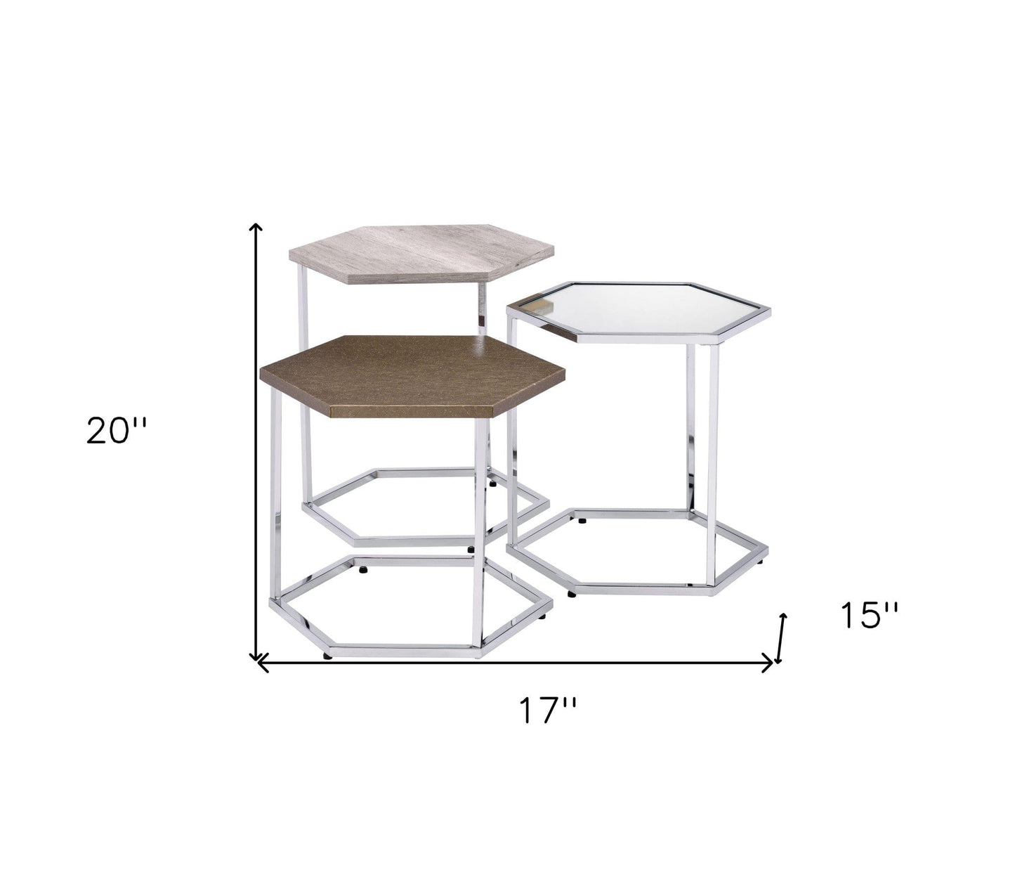 17" Chrome And Taupe Manufactured Wood And Metal Hexagon Nested Coffee Tables