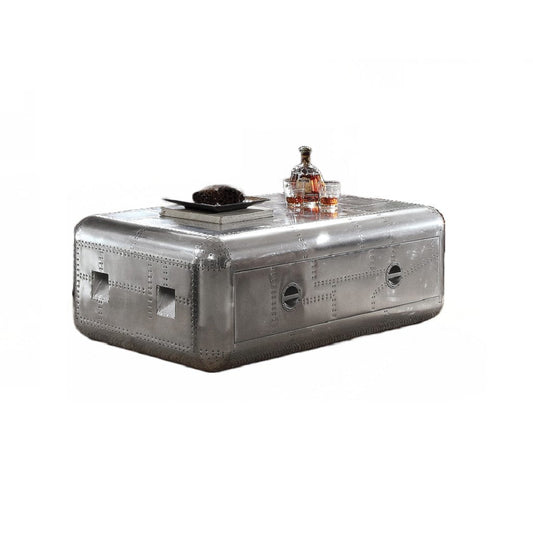 52" Aluminum Aviation Inspired Rectangular Coffee Table With Drawer