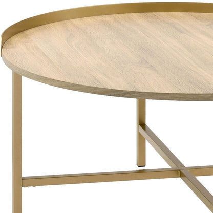 34" Gold And Oak Manufactured Wood And Metal Round Coffee Table