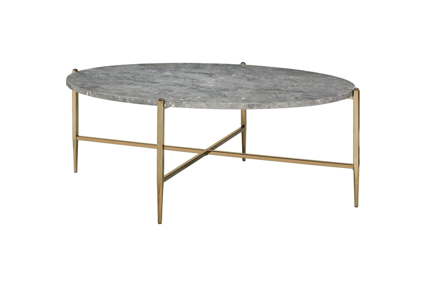 48" Champagne And Faux Marble Paper Veneer And Metal Oval Coffee Table