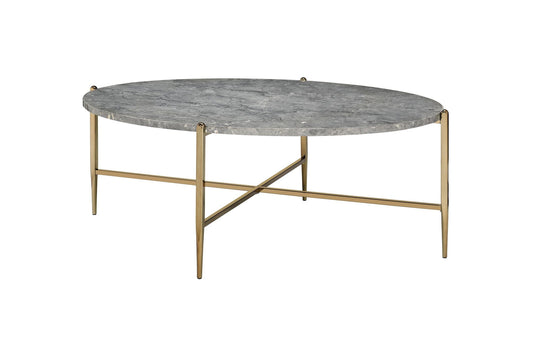 48" Champagne And Faux Marble Paper Veneer And Metal Oval Coffee Table