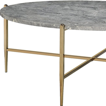 48" Champagne And Faux Marble Paper Veneer And Metal Oval Coffee Table