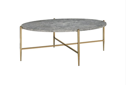 48" Champagne And Faux Marble Paper Veneer And Metal Oval Coffee Table