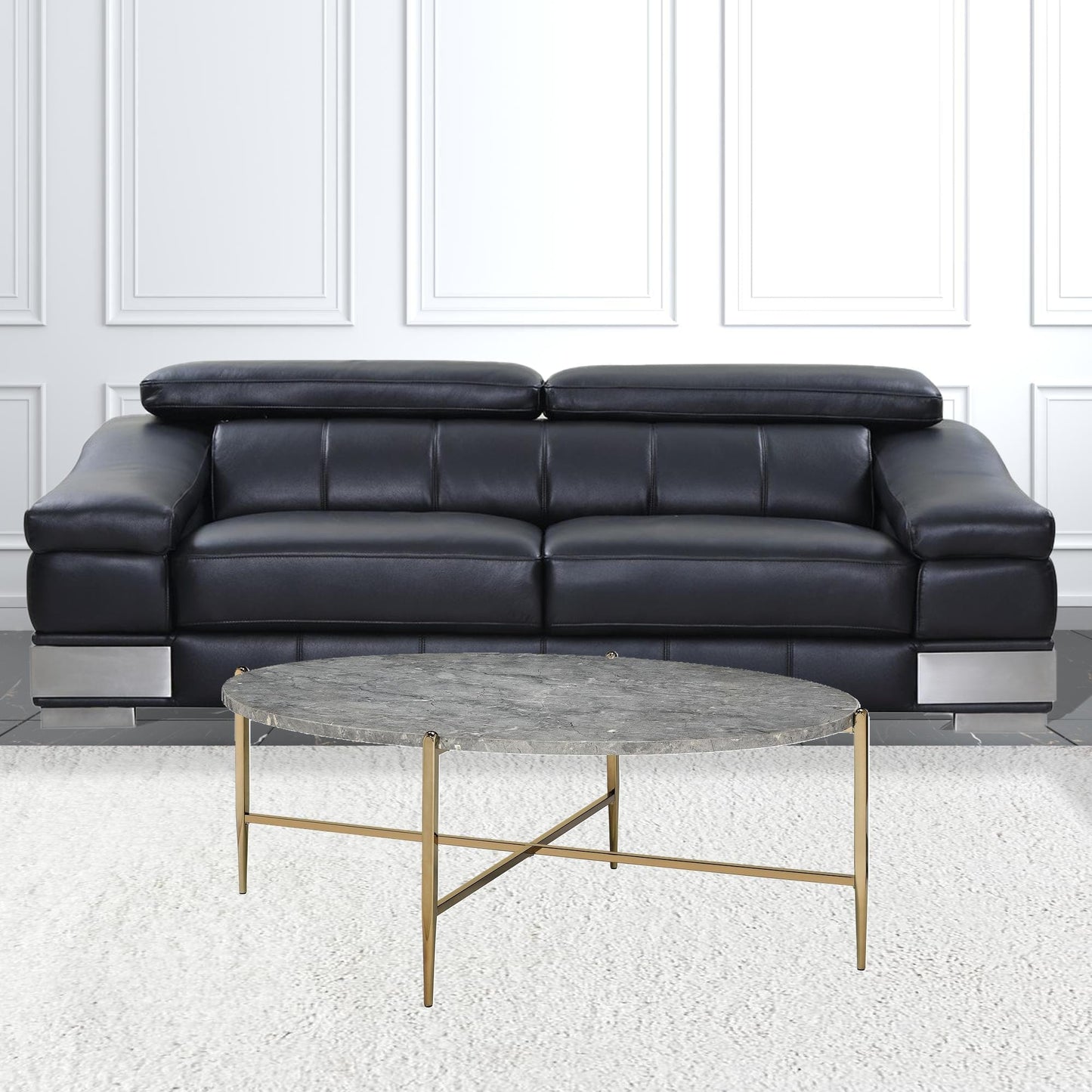 48" Champagne And Faux Marble Paper Veneer And Metal Oval Coffee Table