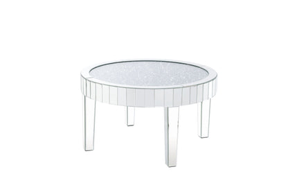 32" Silver And Clear Glass And Manufactured Wood Round Mirrored Coffee Table