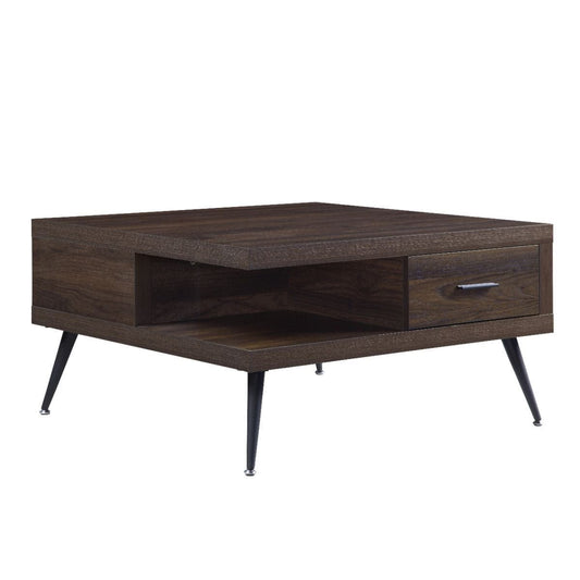 32" Walnut Melamine Veneer And Metal Square Coffee Table With Two Drawers And Two Shelves