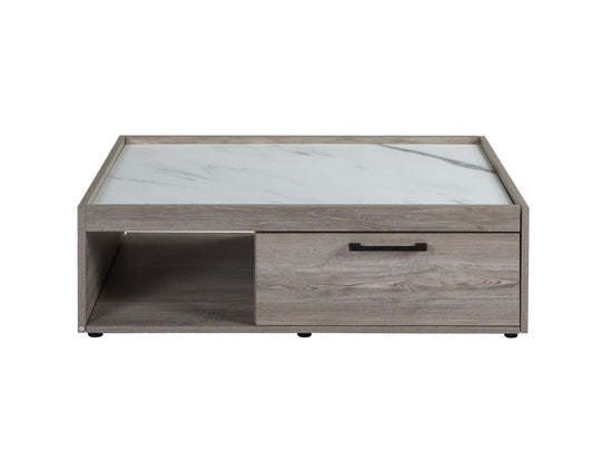 39" Gray Oak And Faux Marble Melamine Veneer And Manufactured Wood Rectangular Coffee Table With Drawer And Shelf