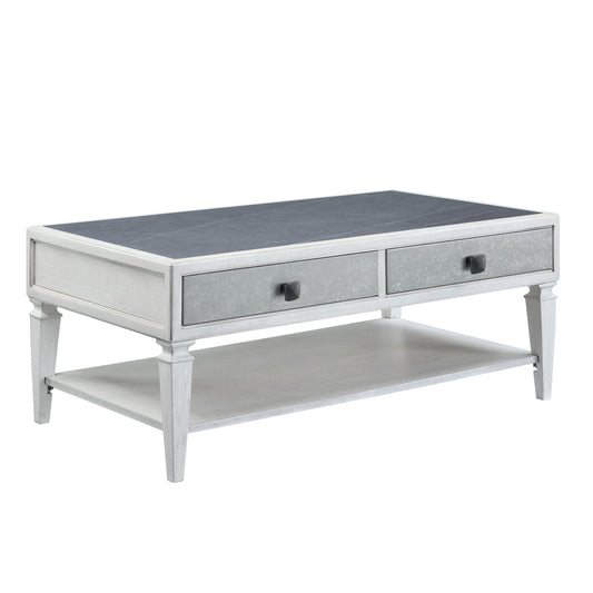 50" Weathered White And Rustic Gray Sintered Stone And Manufactured Wood Rectangular Coffee Table With Two Drawers And Shelf