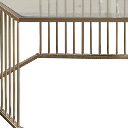 34" Champagne And Clear Glass And Metal Hexagon Coffee Table