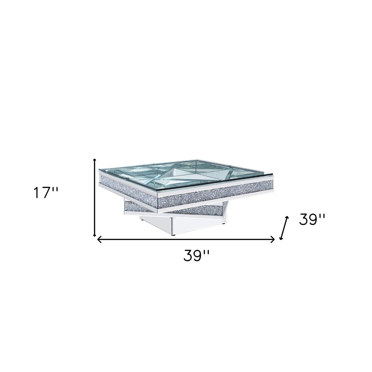 39" Silver And Clear Glass Bling Contemporary Three Tier Square Mirrored Coffee Table