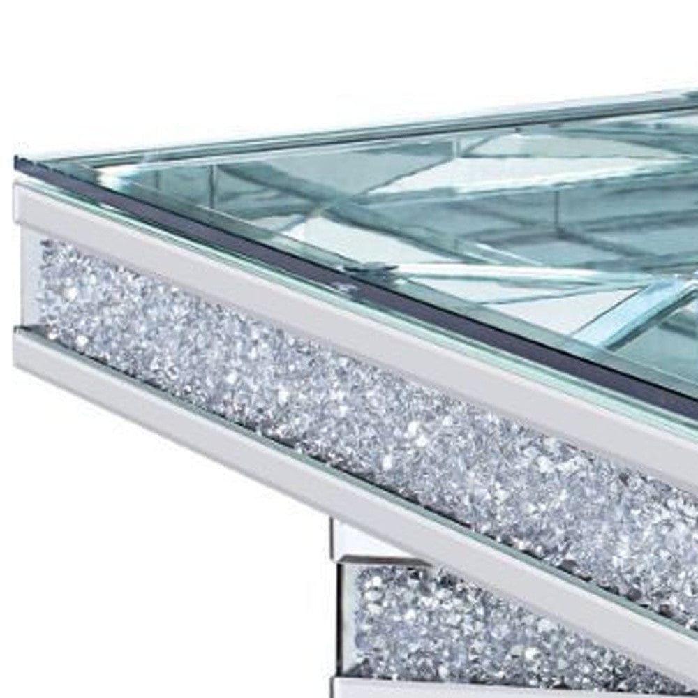 39" Silver And Clear Glass Bling Contemporary Three Tier Square Mirrored Coffee Table