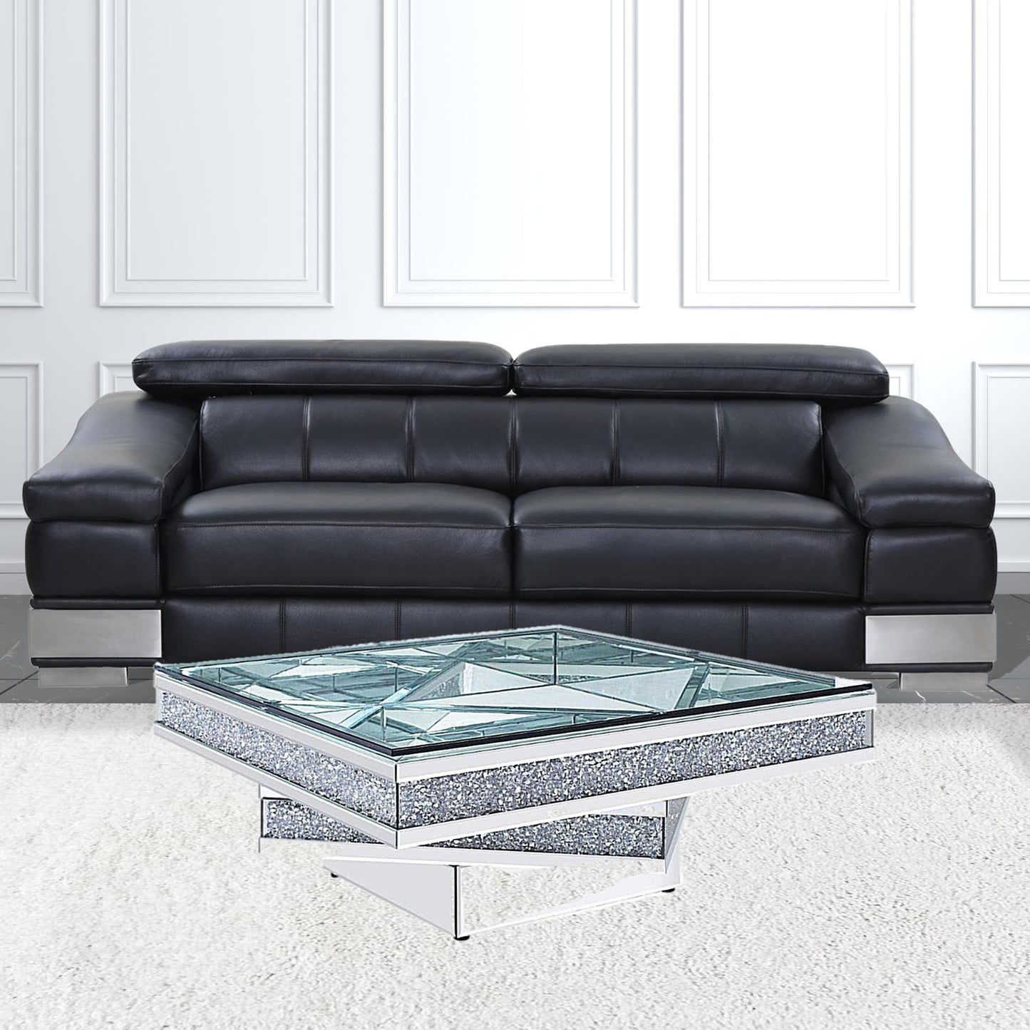 39" Silver And Clear Glass Bling Contemporary Three Tier Square Mirrored Coffee Table