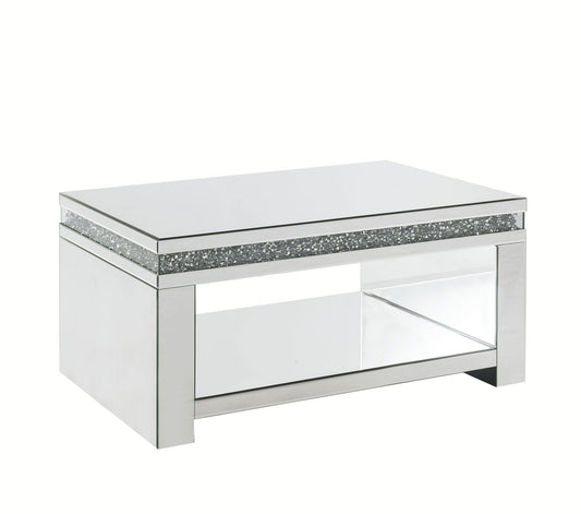 32" Silver And Clear Glass With Bling Rectangle Mirrored Coffee Table