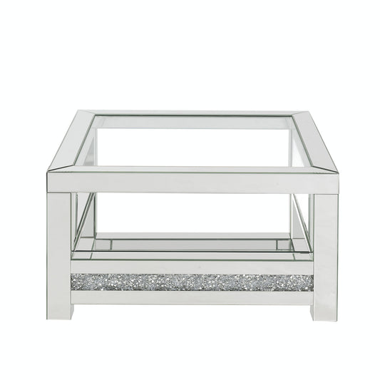 32" Silver And Clear Glass With Bling  Square Mirrored Coffee Table
