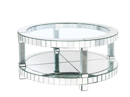 40" Silver And Clear Glass  Round Mirrored Coffee Table With Shelf