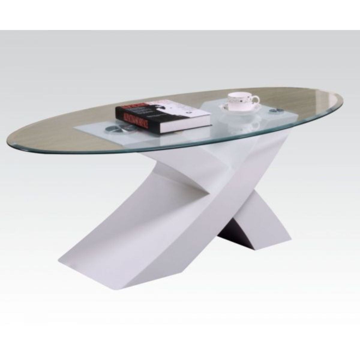 47" White And Clear Glass And Manufactured Wood Oval Coffee Table