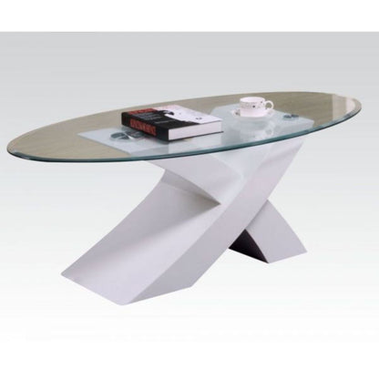 47" White And Clear Glass And Manufactured Wood Oval Coffee Table