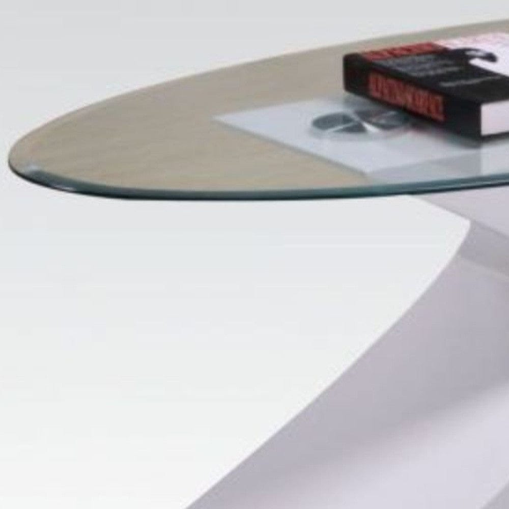 47" White And Clear Glass And Manufactured Wood Oval Coffee Table