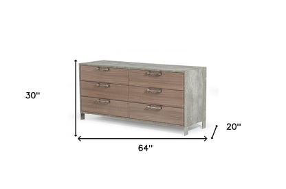 64" Brown Oak Grey Solid And Manufactured Wood Six Drawer Standard Dresser