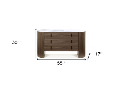55" Walnut Marble Solid And Manufactured Wood Three Drawer Standard Dresser