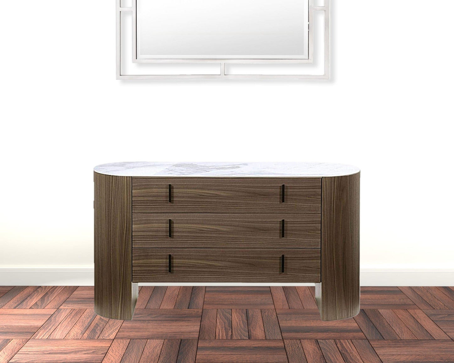 55" Walnut Marble Solid And Manufactured Wood Three Drawer Standard Dresser