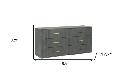63" Dark Grey Solid And Manufactured Wood Six Drawer Standard Dresser