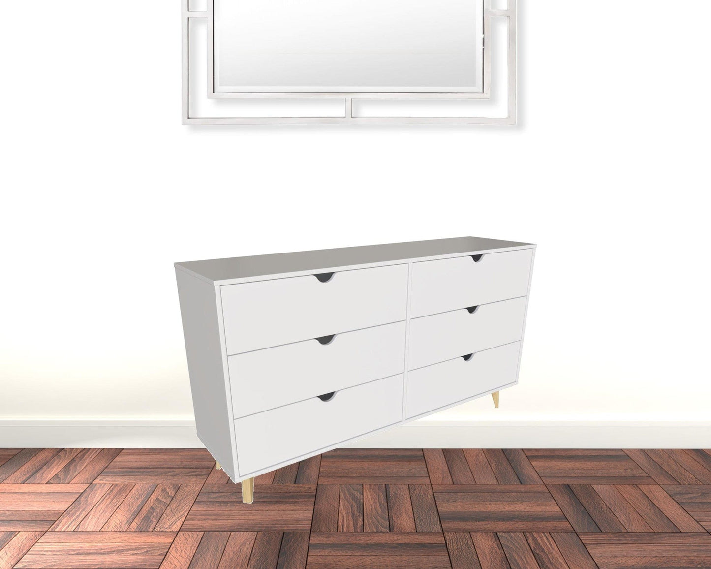 59" White Scoop Handle Six Drawer Double Dresser