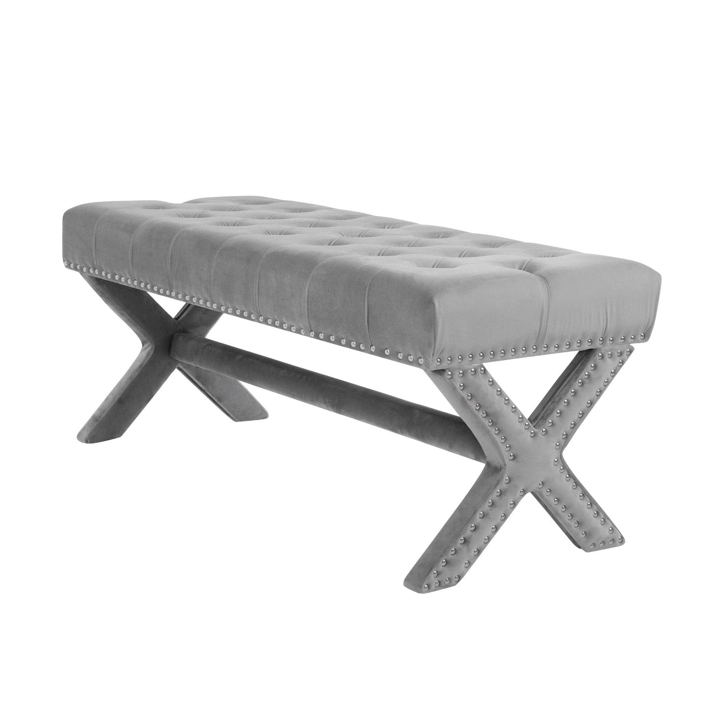 20" Light Grey Tufted Velvet Upholstered Nail Head Bench