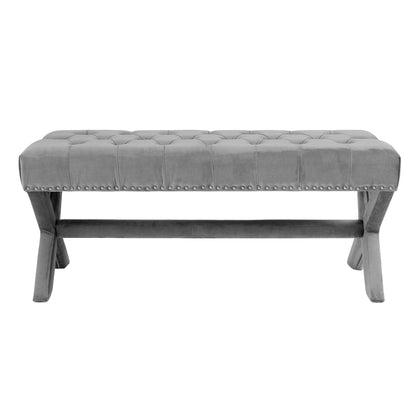20" Light Grey Tufted Velvet Upholstered Nail Head Bench