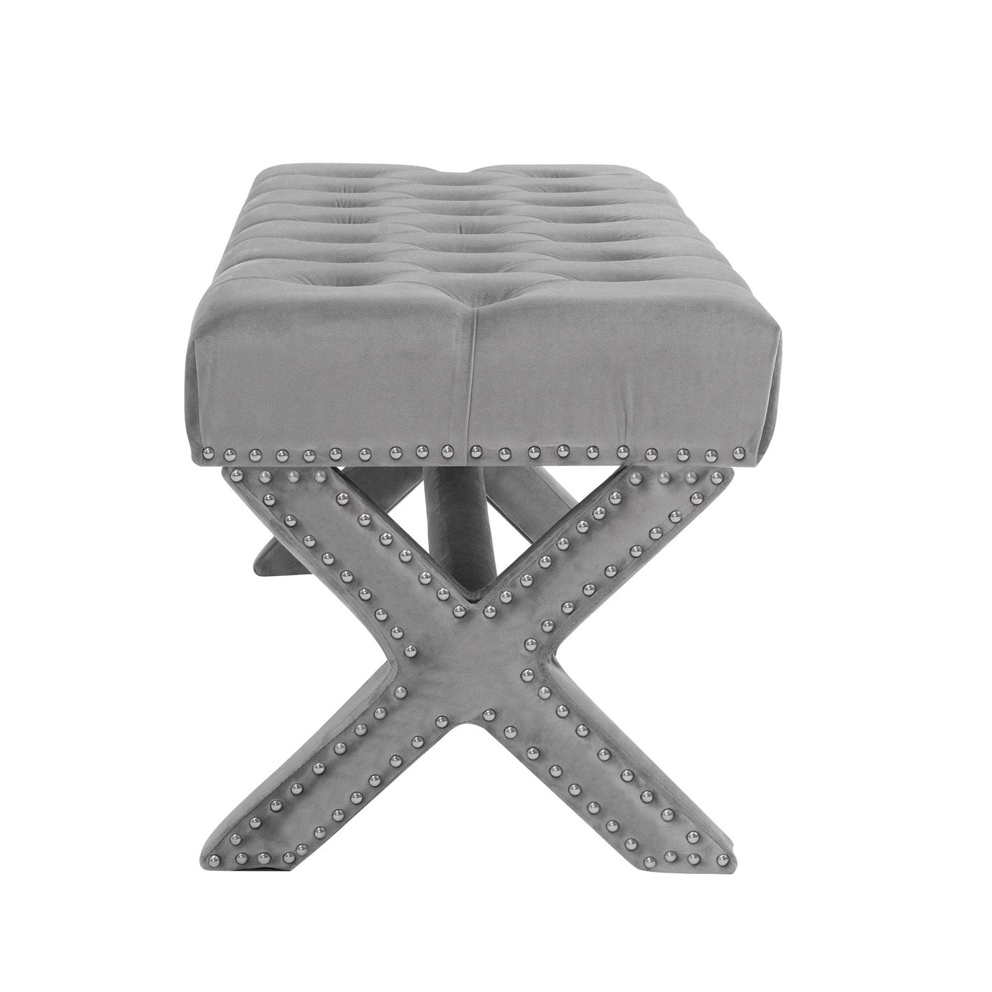 20" Light Grey Tufted Velvet Upholstered Nail Head Bench