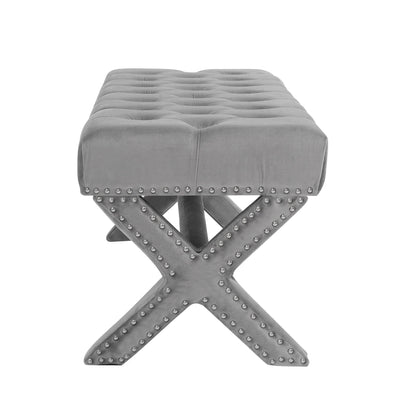 20" Light Grey Tufted Velvet Upholstered Nail Head Bench