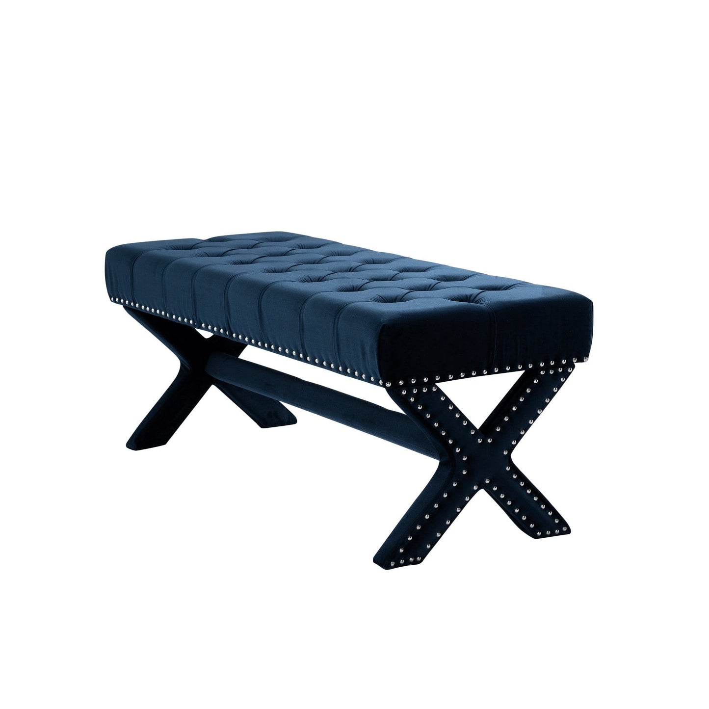 20" Navy Tufted Velvet Upholstered Nail Head Bench