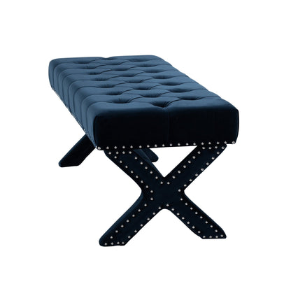 20" Navy Tufted Velvet Upholstered Nail Head Bench