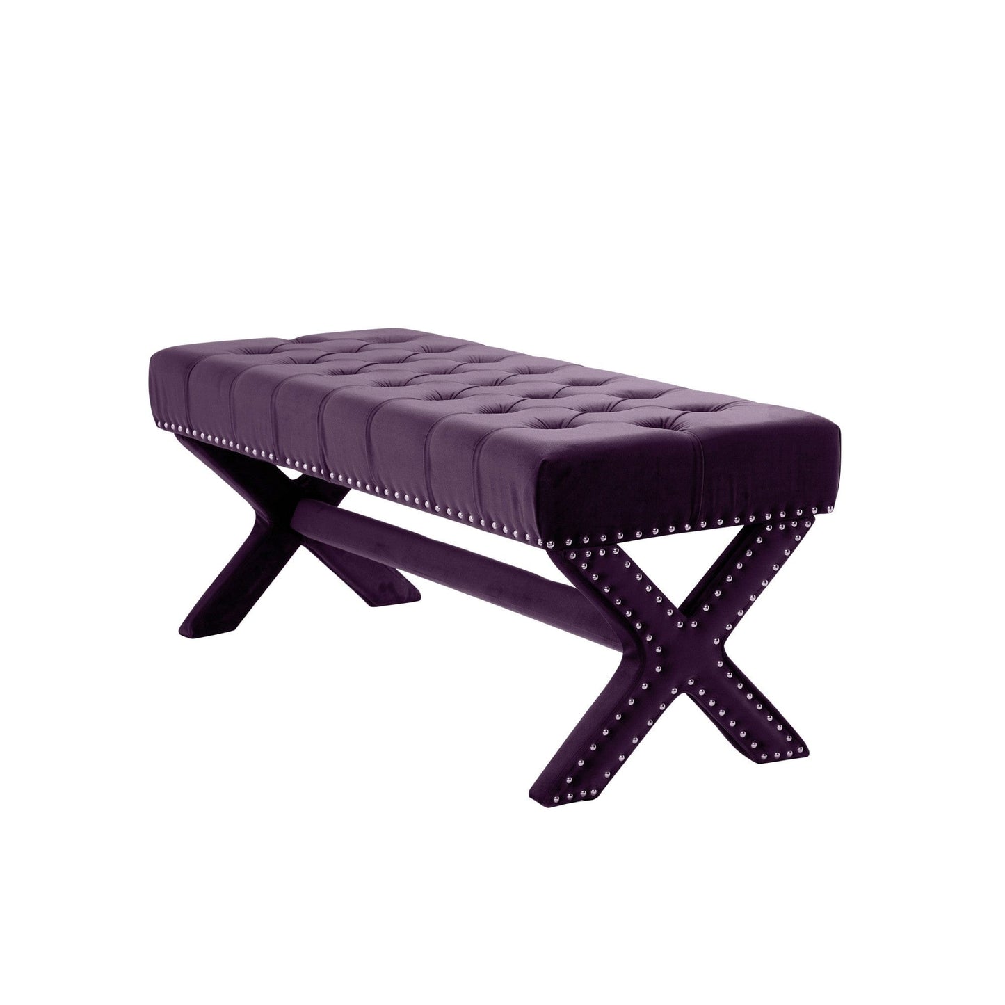 20" Plum Tufted Velvet Upholstered Nail Head Bench
