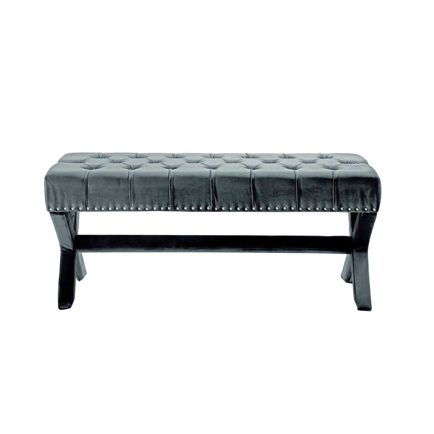 20" Slate Blue Tufted Velvet Upholstered Nail Head Bench