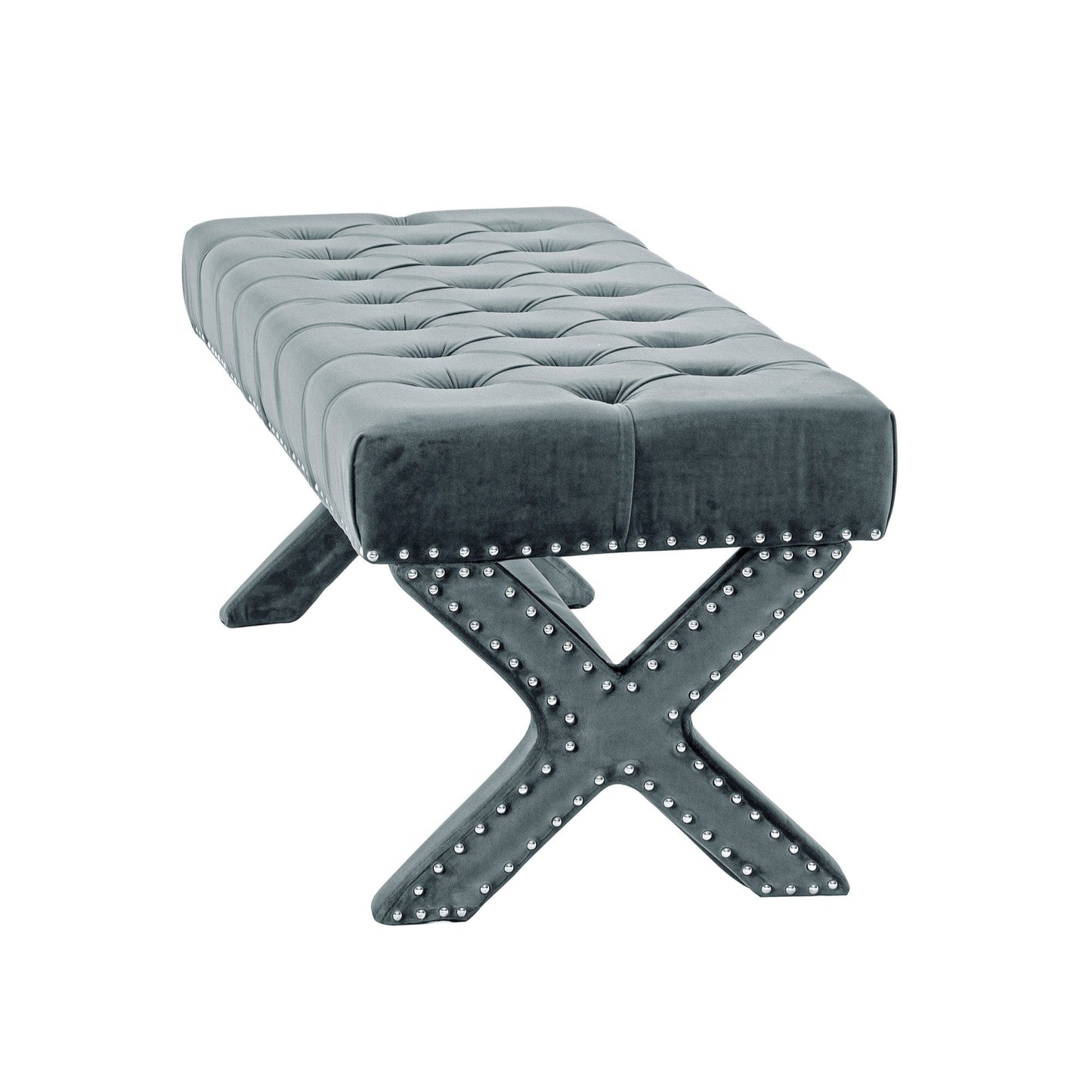 20" Slate Blue Tufted Velvet Upholstered Nail Head Bench