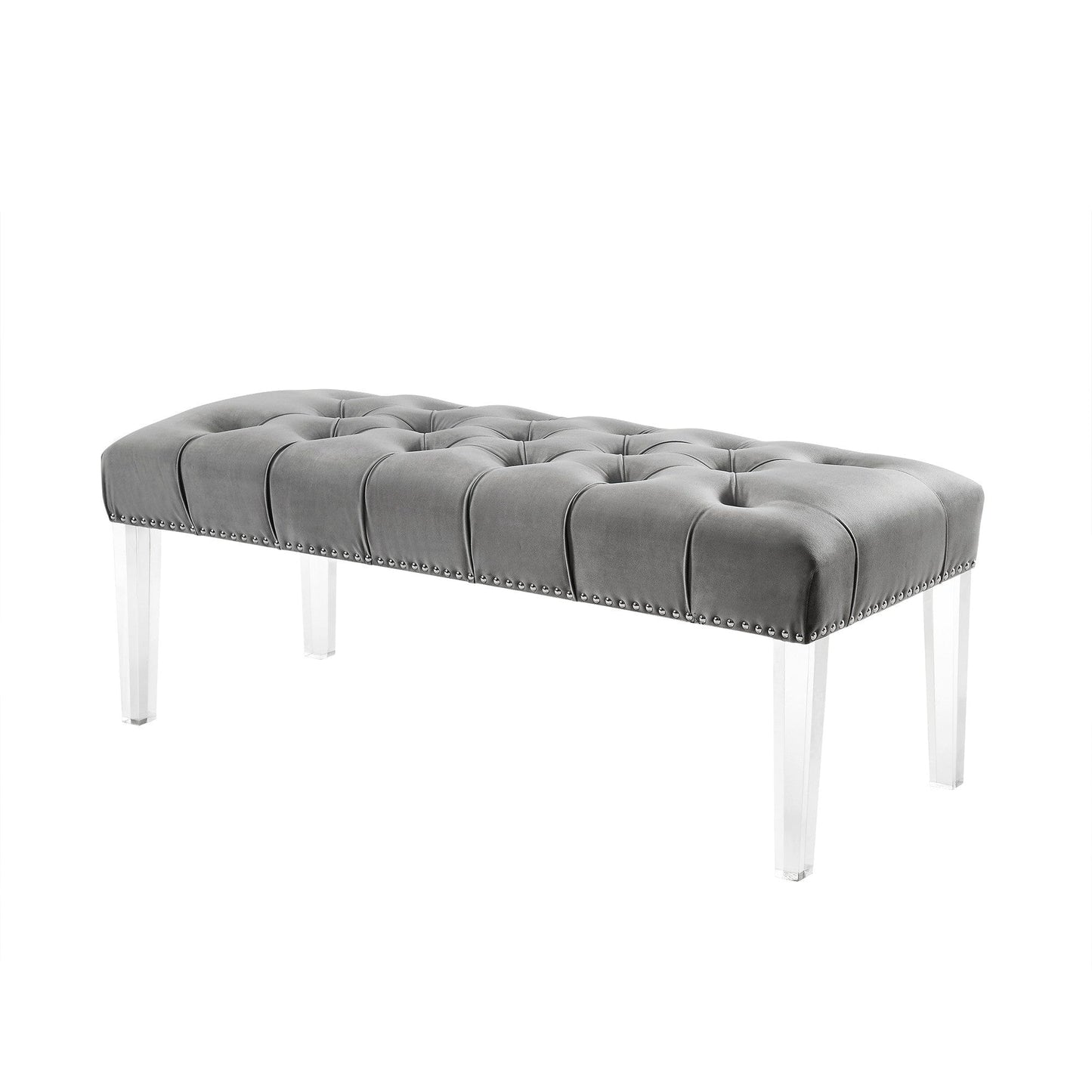 19" Grey Tufted Velvet and Acrylic Upholstered Bench