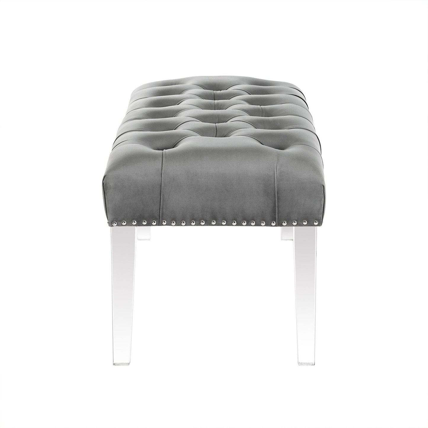 19" Grey Tufted Velvet and Acrylic Upholstered Bench