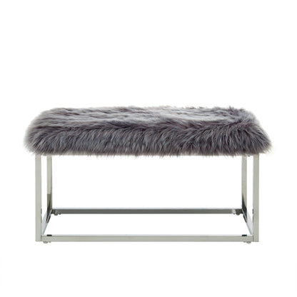 19" Grey Faux Fur and Chrome Upholstered Bench