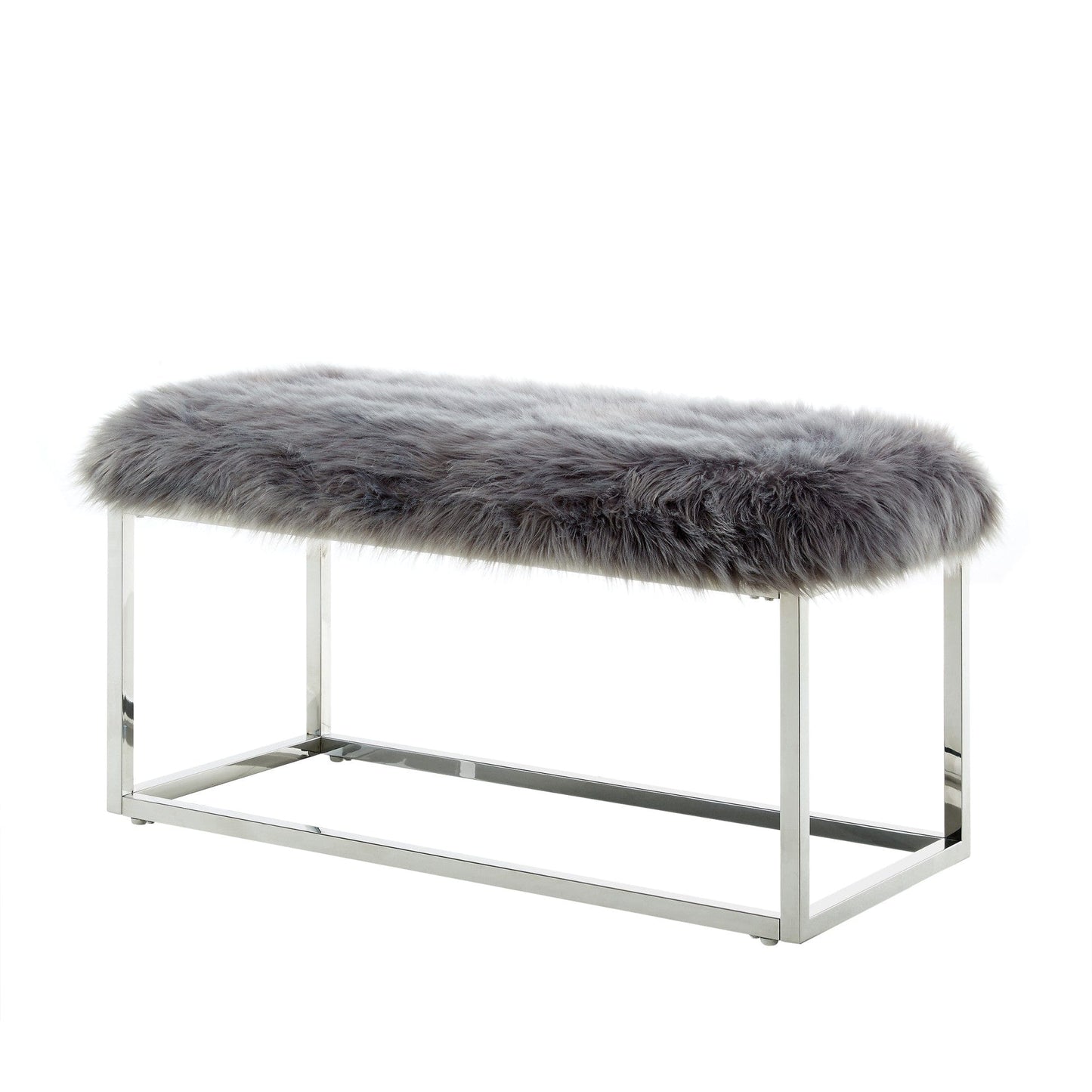 19" Grey Faux Fur and Chrome Upholstered Bench
