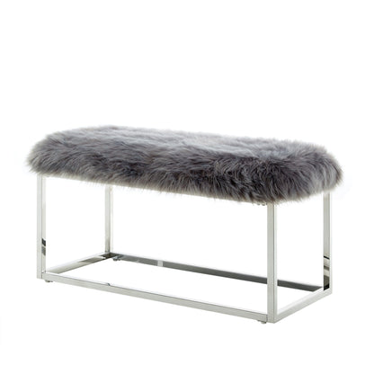 19" Grey Faux Fur and Chrome Upholstered Bench