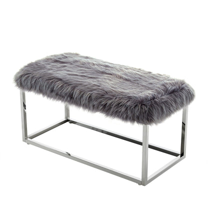 19" Grey Faux Fur and Chrome Upholstered Bench