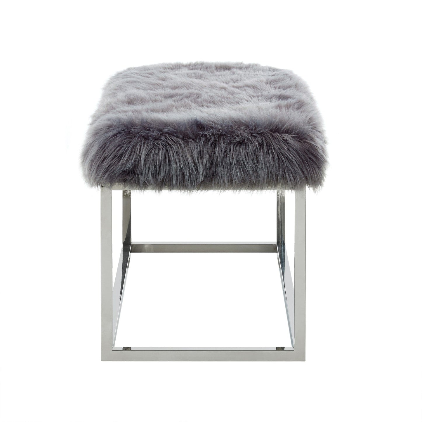 19" Grey Faux Fur and Chrome Upholstered Bench