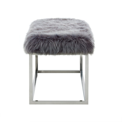 19" Grey Faux Fur and Chrome Upholstered Bench