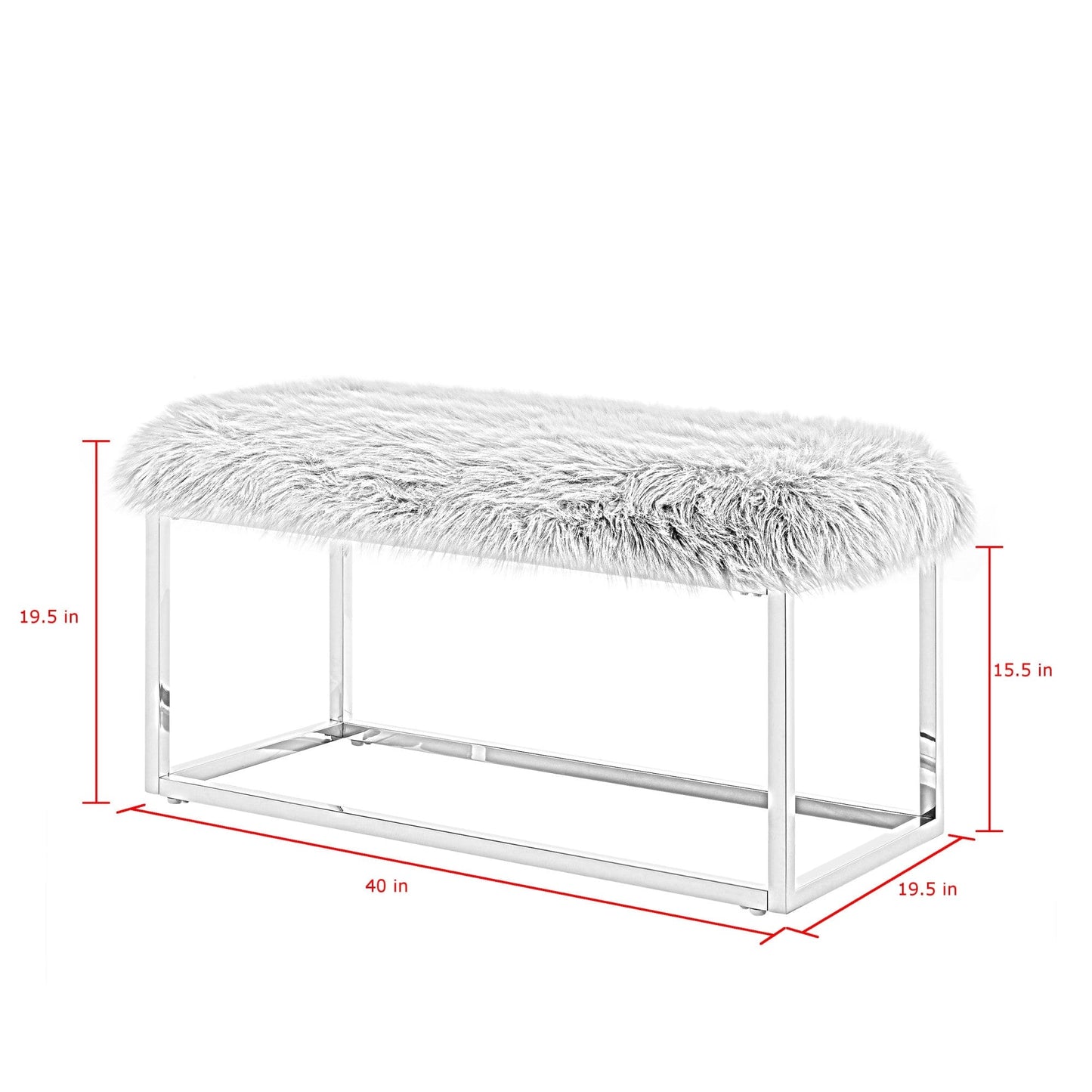 19" Grey Faux Fur and Chrome Upholstered Bench