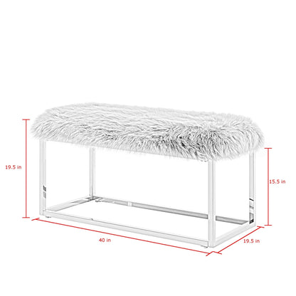 19" Grey Faux Fur and Chrome Upholstered Bench