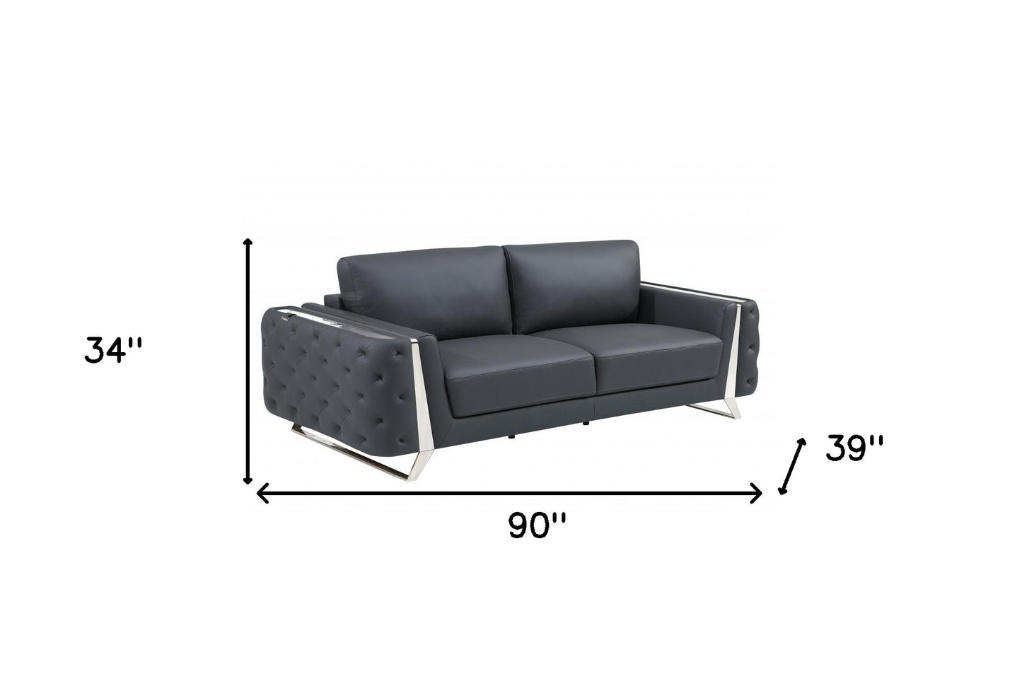 90" Dark Gray Italian Leather And Chrome Standard Sofa