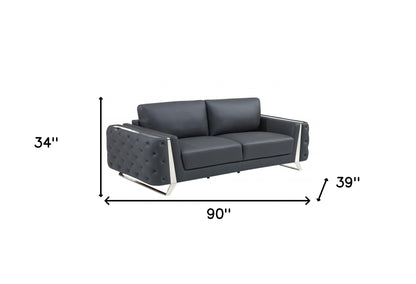 90" Dark Gray Italian Leather And Chrome Standard Sofa