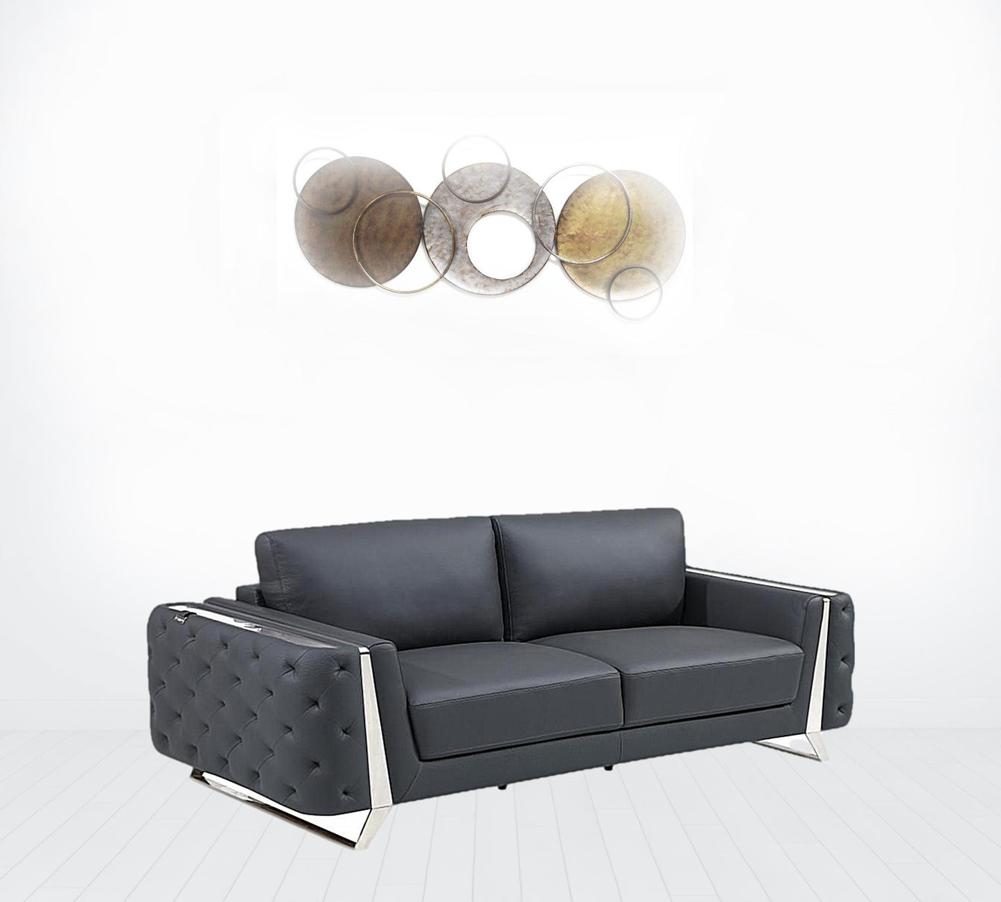 90" Dark Gray Italian Leather And Chrome Standard Sofa