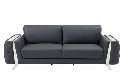 90" Dark Gray Italian Leather And Chrome Standard Sofa
